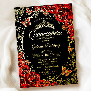 Invitación Con Relieve Metalizado Mariposas Rosas Negras Doradas Quinceañera