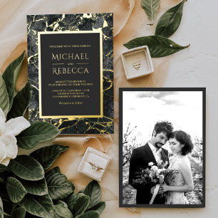 Invitación Con Relieve Metalizado Mármol Gris Carbón Moderno Foto Boda Dorado