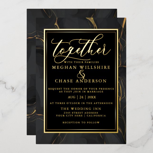 Invitación Con Relieve Metalizado Mármol negro elegante moderno dorado (Anverso/Reverso)