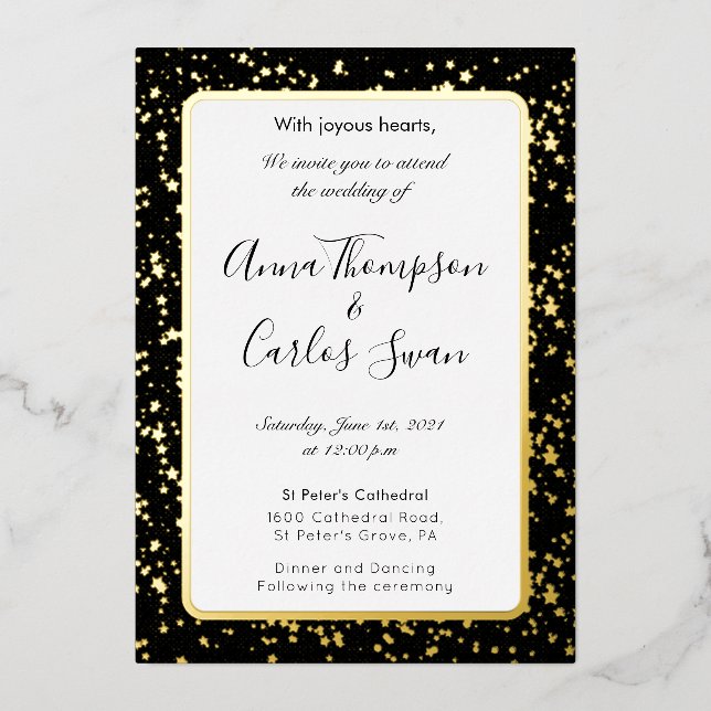 Invitación Con Relieve Metalizado Mármol negro y dorado elegante (Anverso)