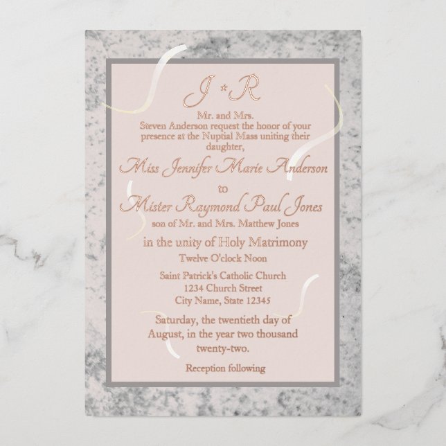 Invitación Con Relieve Metalizado Mármol rosa y gris Boda católica tradicional (Anverso)