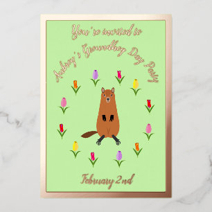 Invitación Con Relieve Metalizado Marmota Adorable y Flores de Tulipán Personalizada