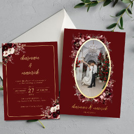 Invitación Con Relieve Metalizado Maroon Burgundy Floral Photo Boda Gold