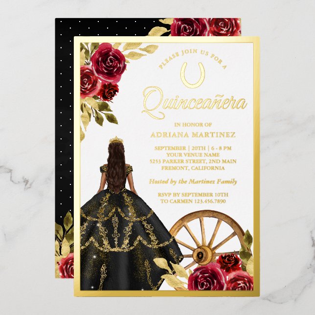 Invitación Con Relieve Metalizado Maroon Floral Black Vress Tiara Quinceanera Gold (Anverso/Reverso)