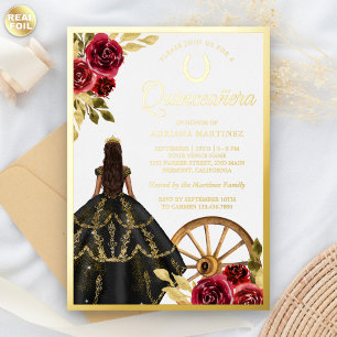 Invitación Con Relieve Metalizado Maroon Floral Black Vress Tiara Quinceanera Gold