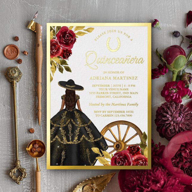 Invitación Con Relieve Metalizado Maroon Floral Negro Vestido Charro Quinceanera Gol (Subido por el creador)