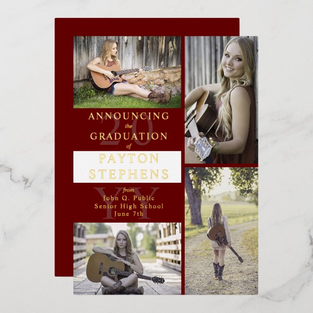 Invitación Con Relieve Metalizado Maroon fotográfico moderno y elegante | Oro de gra (Anverso/Reverso)