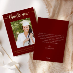 Invitación Con Relieve Metalizado Maroon & Gold Graduation Photo Thank You Card
