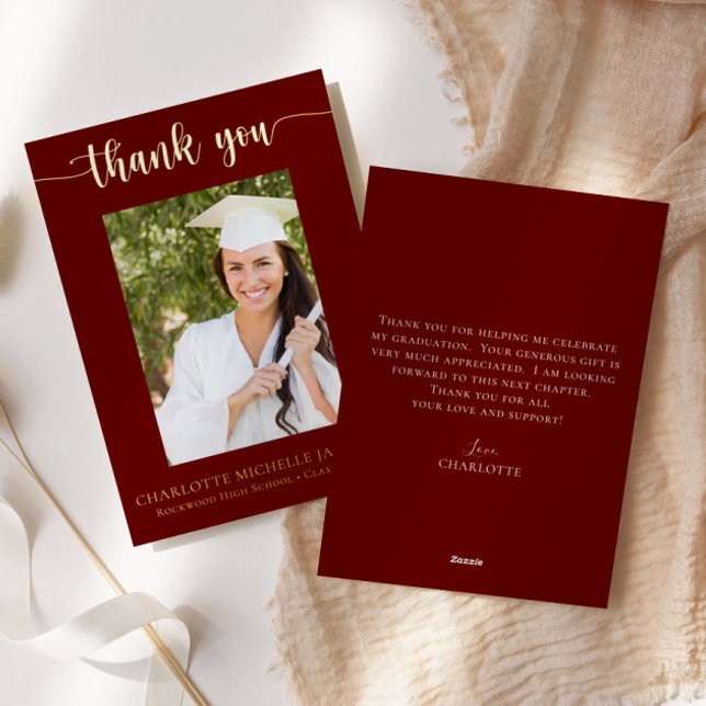 Invitación Con Relieve Metalizado Maroon & Gold Graduation Photo Thank You Card (Subido por el creador)