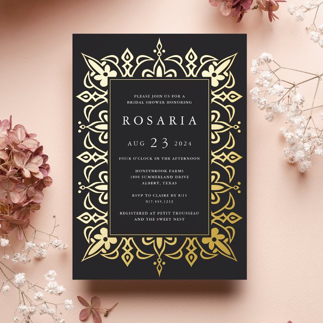 Invitación Con Relieve Metalizado Marrakesh | Elegante ducha de novia negro y oro (Subido por el creador)