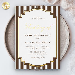 Invitación Con Relieve Metalizado Marrón Chocolate Rayado Foto Boda Oro