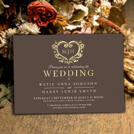 Invitación Con Relieve Metalizado Marrón con personalizado de corazón dorado foto bo