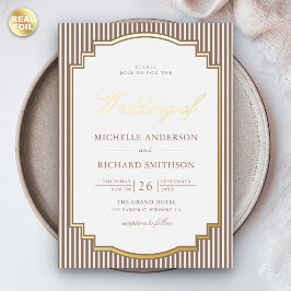 Invitación Con Relieve Metalizado Marrón Rayado Clásico Foto Boda Dorado