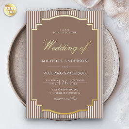 Invitación Con Relieve Metalizado Marrón Rayado Clásico Foto Boda Dorado
