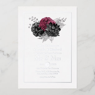 Invitación Con Relieve Metalizado Marsala, Floral de Boda Negra y Plateada de Papel 