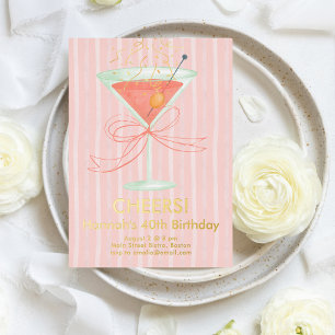 Invitación Con Relieve Metalizado Martini y cumpleaños aniversario con lazo