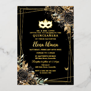 Invitación Con Relieve Metalizado Máscara de Baile de Máscaras de Quinceañera de Oro
