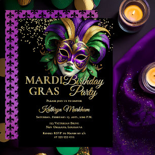 Invitación Con Relieve Metalizado Máscara de Carnaval Elegante Cumpleaños Fiesta