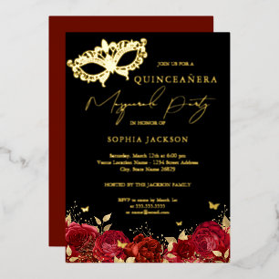 Invitación Con Relieve Metalizado Máscara de fiesta de disfraz Rojo Dorado Rosa Quin