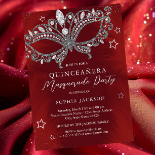 Invitación Con Relieve Metalizado Máscara de Máscara Roja de Plata Quinceañera