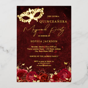 Invitación Con Relieve Metalizado Máscara de oro rojo Fiesta de disfraz Rosa Quincea