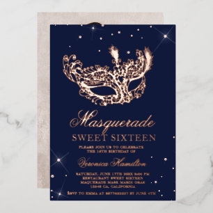 Invitación Con Relieve Metalizado Máscara de purpurina dorada rosa de disfraz Sweet 