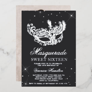 Invitación Con Relieve Metalizado Máscara de purpurina gris plateada para disfraz de