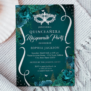 Invitación Con Relieve Metalizado Máscara de Quinceañera de Floral de Plata Verde