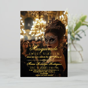 Invitación Con Relieve Metalizado Mascarada Chic Oro Foto Quinceañera
