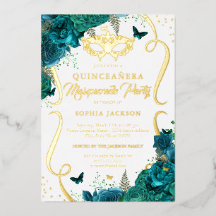 Invitación Con Relieve Metalizado Mascarada de pergamino floral de oro verde azulado