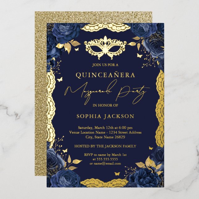 Invitación Con Relieve Metalizado Mascarada Fiesta Naval Floral Lace Quinceanera (Anverso/Reverso)