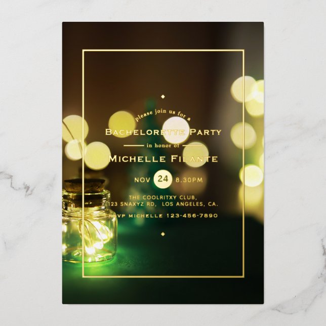 Invitación Con Relieve Metalizado Mason Jar Bokeh Bachelorette Party (Anverso)