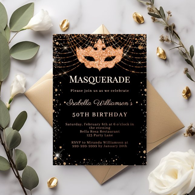 Invitación Con Relieve Metalizado Masquerade black rose gold luxury birthday party (Subido por el creador)