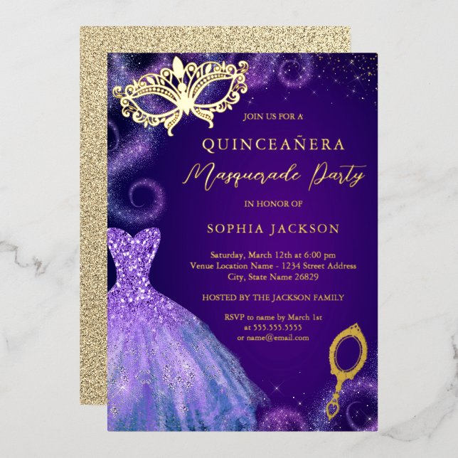 Invitación Con Relieve Metalizado Masquerade Fiesta Oro Vestido púrpura Quinceanera (Anverso/Reverso)
