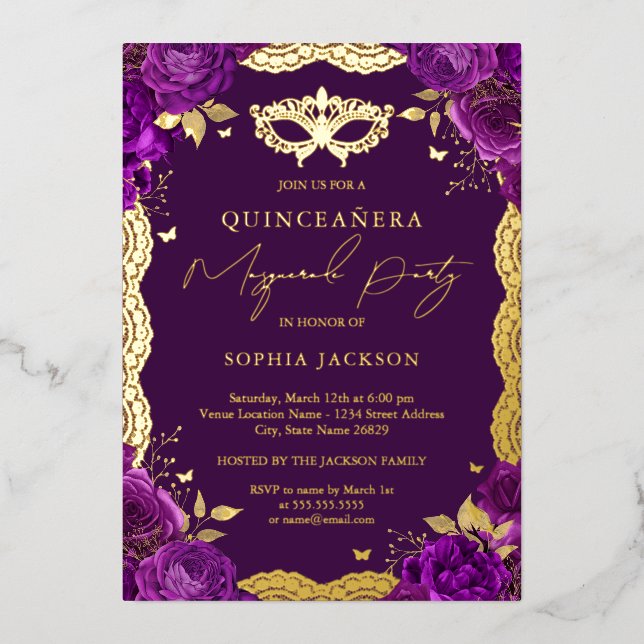 Invitación Con Relieve Metalizado Masquerade Fiesta Purple Floral Lace Quinceanera (Anverso)
