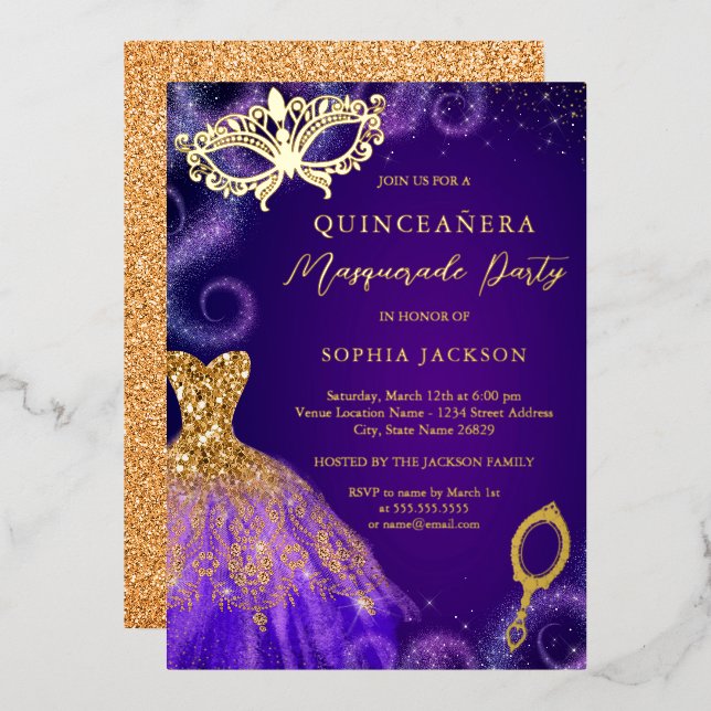 Invitación Con Relieve Metalizado Masquerade Fiesta Purple Gold Vestido Quinceanera (Anverso/Reverso)