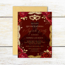 Invitación Con Relieve Metalizado Masquerade Fiesta Red Gold Rosa Vestido Quinceaner