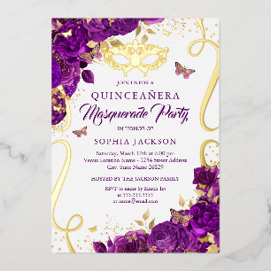Invitación Con Relieve Metalizado Masquerade mariposa dorada púrpura Quinceanera
