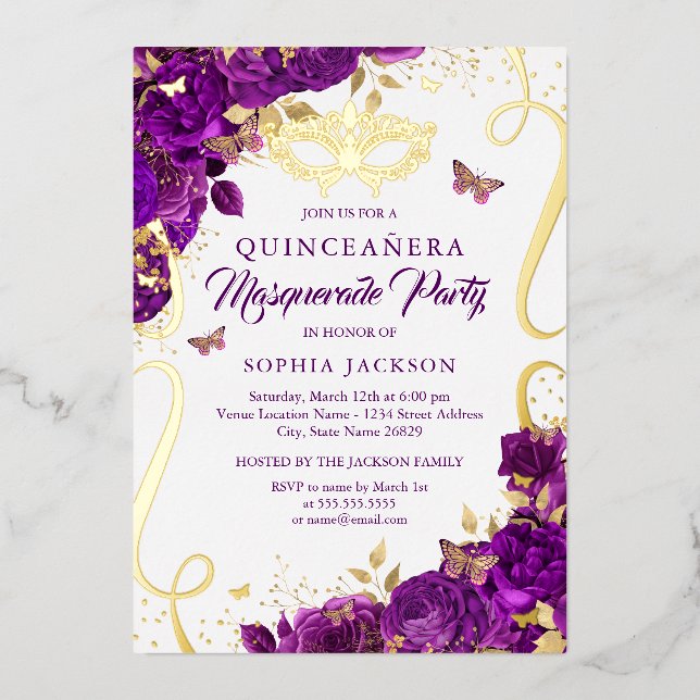 Invitación Con Relieve Metalizado Masquerade mariposa dorada púrpura Quinceanera (Anverso)