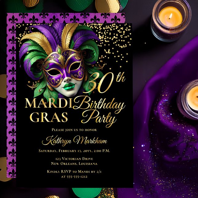 Invitación Con Relieve Metalizado Masquerade Mask Mardi Gras 30th Birthday Party (Elegant Purple Green Gold Tone Masquerade Mask Mardi Gras 30th Birthday Party Gold Foil Invitation )