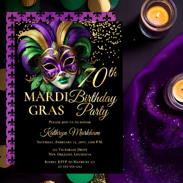 Invitación Con Relieve Metalizado Masquerade Mask Mardi Gras 70th Birthday Party (Elegant Purple Green Gold Tone Masquerade Mask Mardi Gras 70th Birthday Party Gold Foil Invitation )