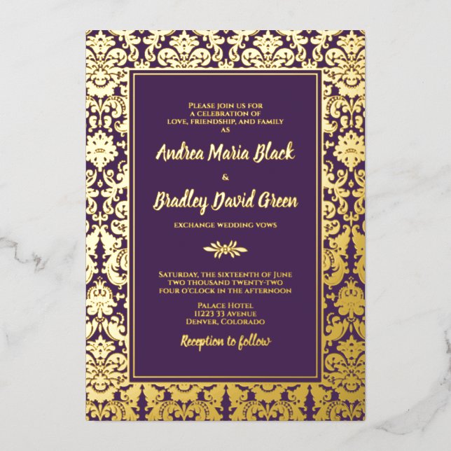 Invitación Con Relieve Metalizado Matrimonio de Damasco de Relieve metalizado dorado (Anverso)