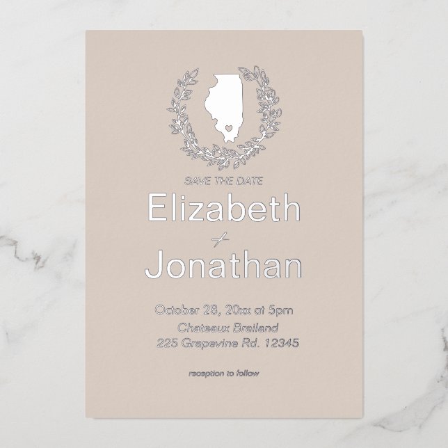 Invitación Con Relieve Metalizado Matrimonio de destino del estado de Ilinois (Anverso)