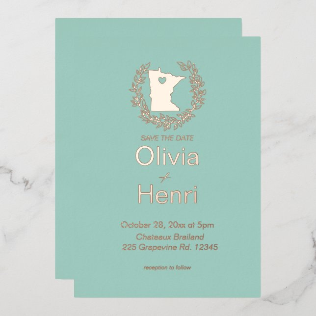 Invitación Con Relieve Metalizado Matrimonio de destino del estado de Minnesota (Anverso/Reverso)