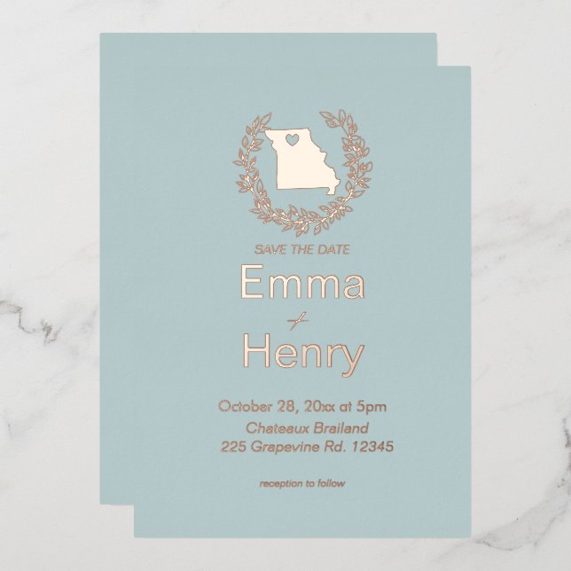 Invitación Con Relieve Metalizado Matrimonio de destino del estado de Misuri (Anverso/Reverso)