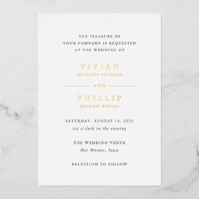 Invitación Con Relieve Metalizado Matrimonio simple y elegante viviviano (Anverso)