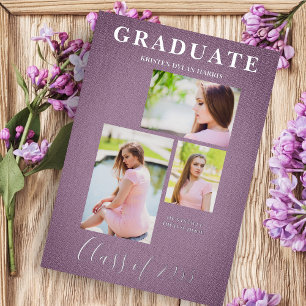 Invitación Con Relieve Metalizado Mauve 3 Photos Collage Graduation Textile Effect
