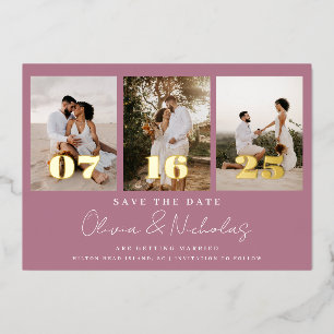 Invitación Con Relieve Metalizado Mauve, Collage de fotos Boda moderno, ahorra la fe