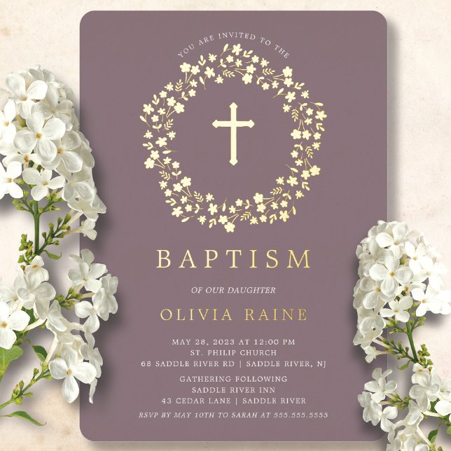 Invitación Con Relieve Metalizado Mauve Floral First Baptism (Subido por el creador)
