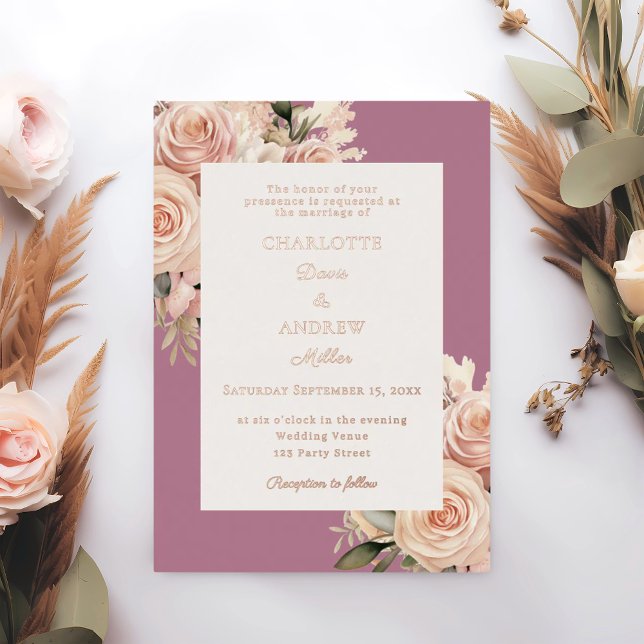 Invitación Con Relieve Metalizado Mauve ivory dusty rose florals wedding rose gold (Subido por el creador)